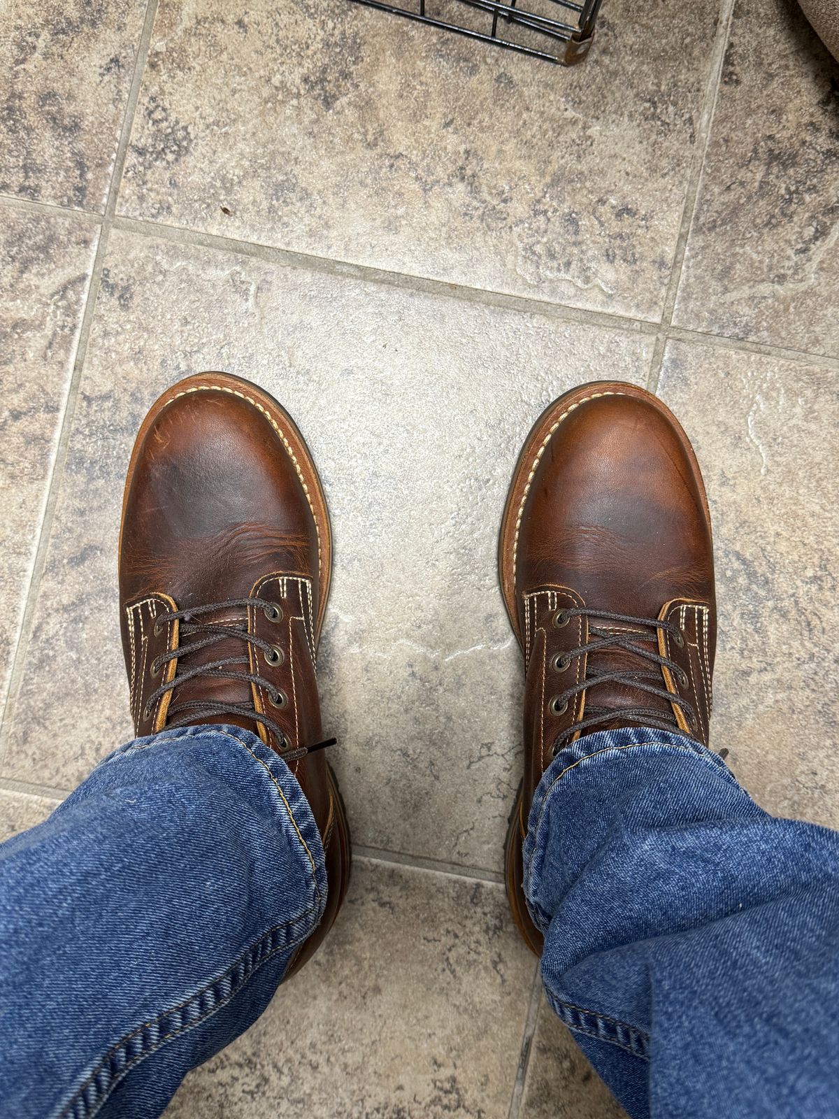 Photo by sweatpantszach on June 30, 2025 of the Truman Plain Toe Boot in Tobacco Snakebite.