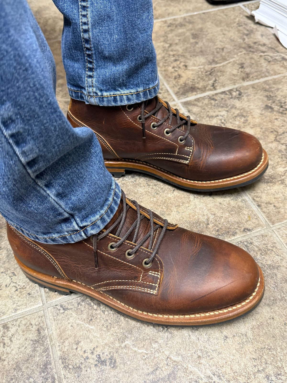 Photo by sweatpantszach on June 30, 2025 of the Truman Plain Toe Boot in Tobacco Snakebite.