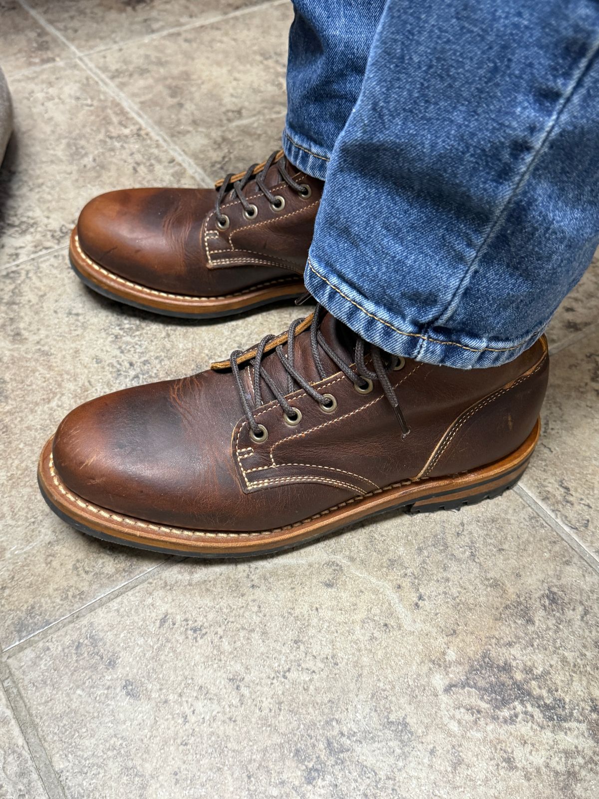 Photo by sweatpantszach on June 30, 2025 of the Truman Plain Toe Boot in Tobacco Snakebite.