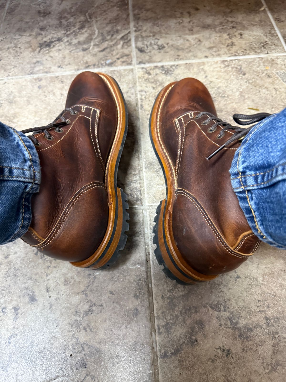 Photo by sweatpantszach on June 30, 2025 of the Truman Plain Toe Boot in Tobacco Snakebite.