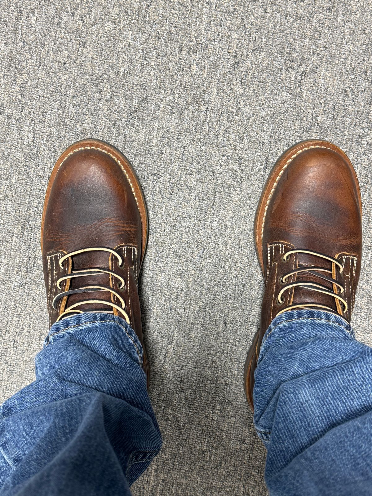 Photo by sweatpantszach on July 30, 2025 of the Truman Plain Toe Boot in Tobacco Snakebite.