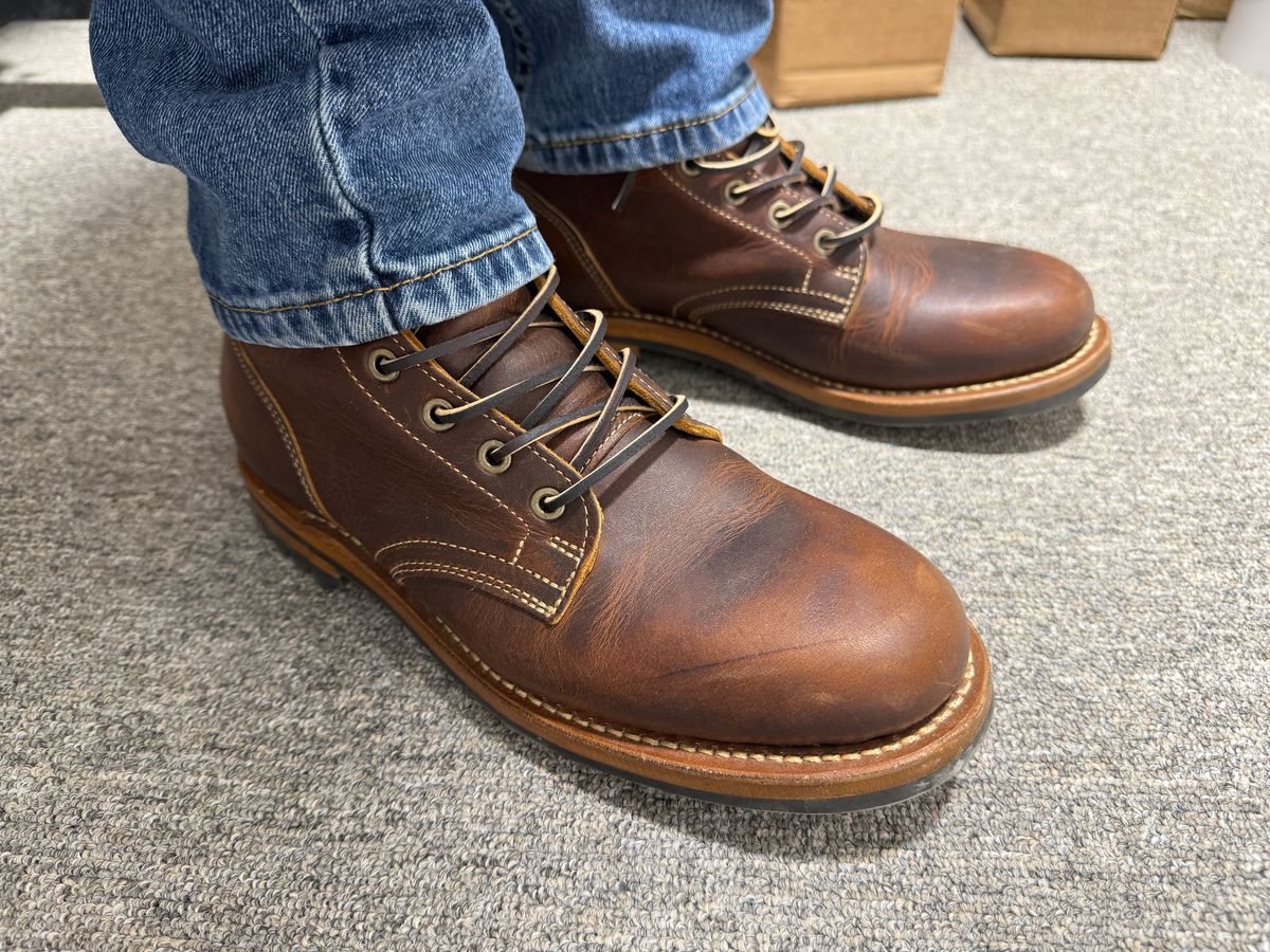 Photo by sweatpantszach on July 30, 2025 of the Truman Plain Toe Boot in Tobacco Snakebite.