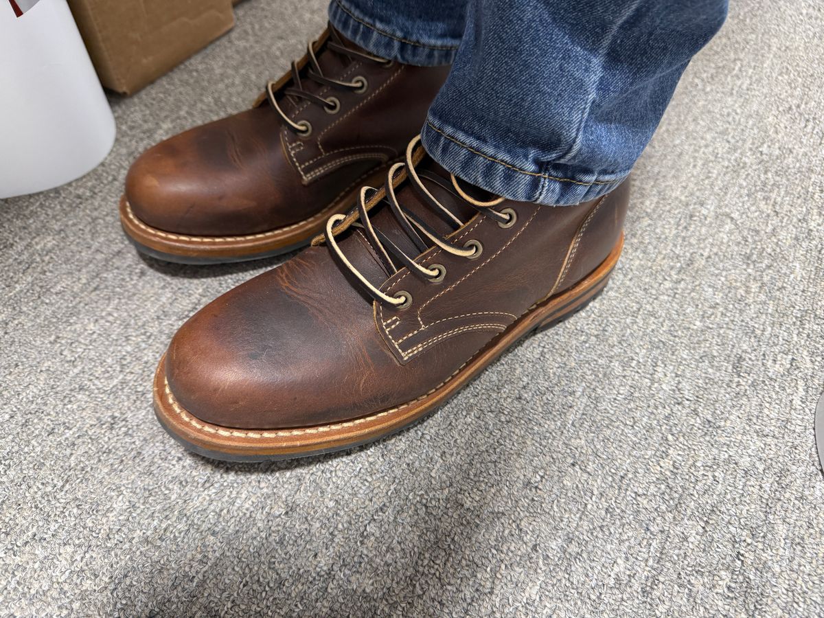 Photo by sweatpantszach on July 30, 2025 of the Truman Plain Toe Boot in Tobacco Snakebite.