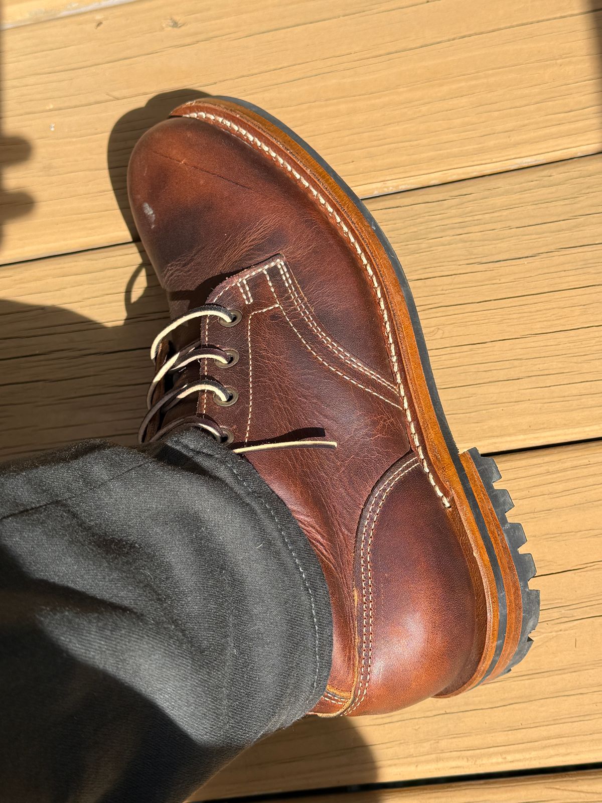 Photo by sweatpantszach on September 21, 2025 of the Truman Plain Toe Boot in Tobacco Snakebite.