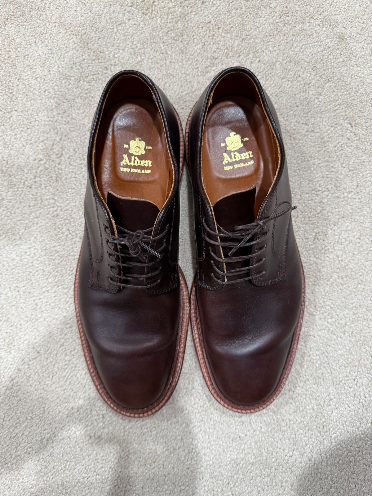 Photo by sweatpantszach on April 20, 2025 of the Alden Plain Toe Blucher in Horween Brown Chromexcel.