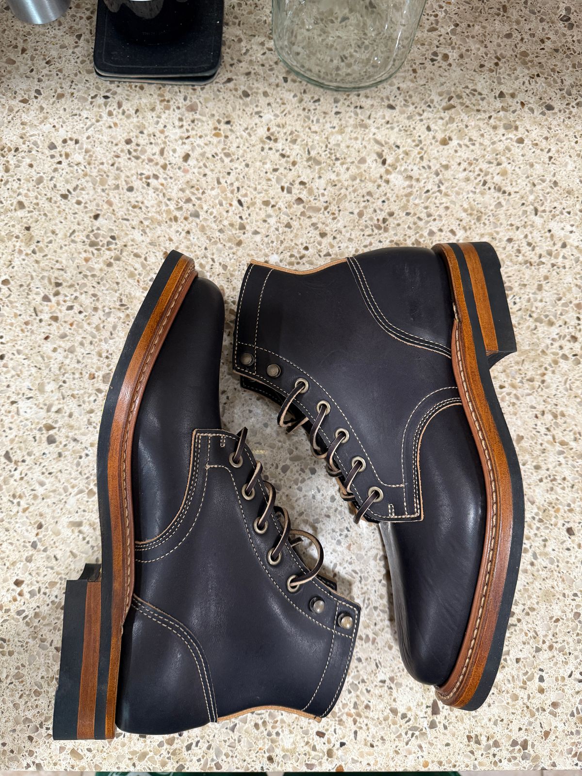Photo by sweatpantszach on June 23, 2025 of the Truman Plain Toe Boot in Black Teacore.