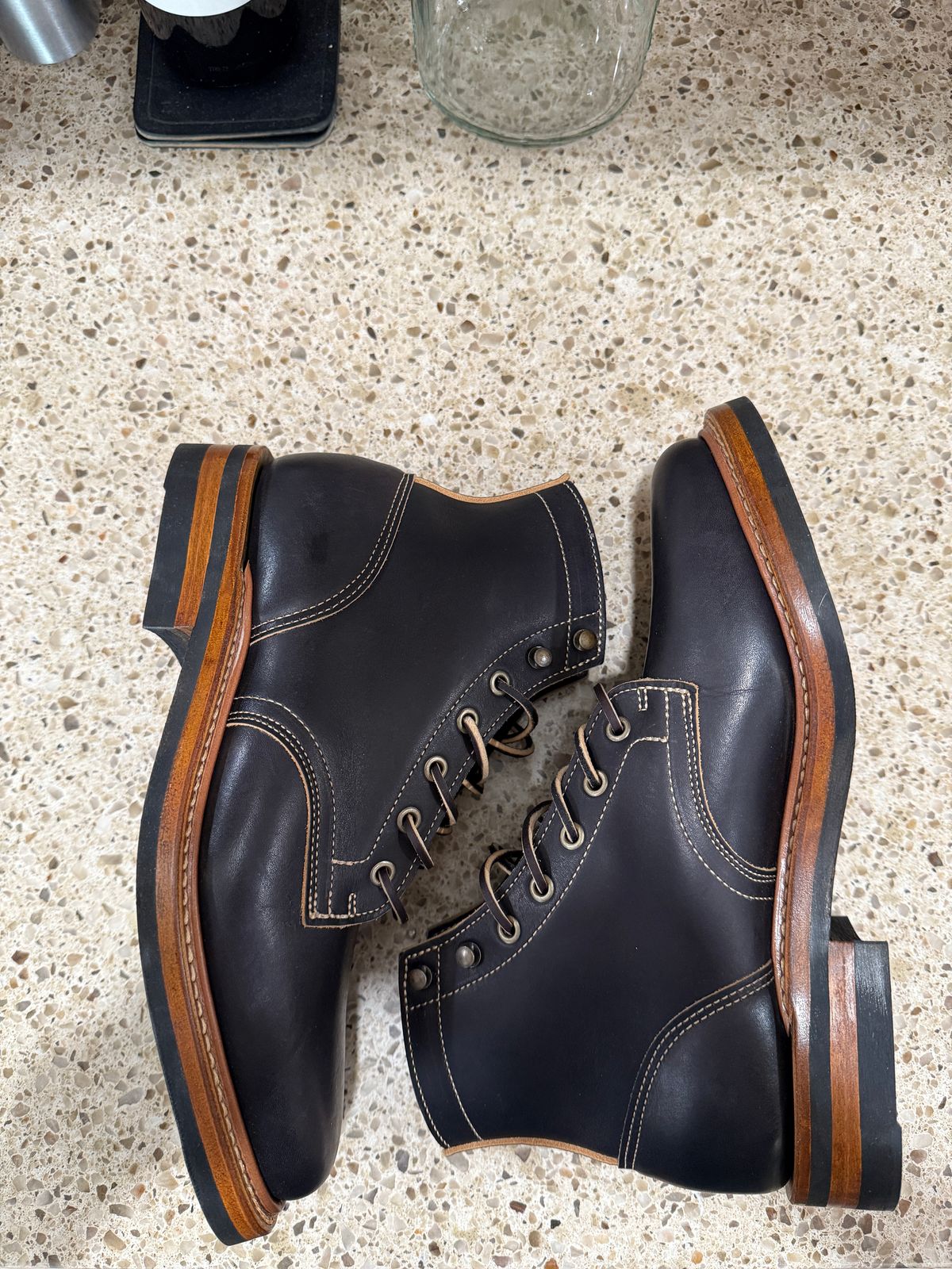 Photo by sweatpantszach on June 23, 2025 of the Truman Plain Toe Boot in Black Teacore.