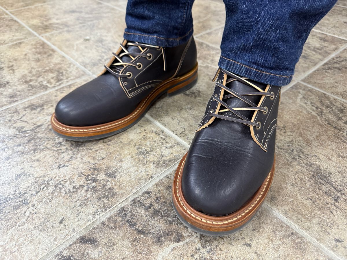 Photo by sweatpantszach on July 14, 2025 of the Truman Plain Toe Boot in Black Teacore.