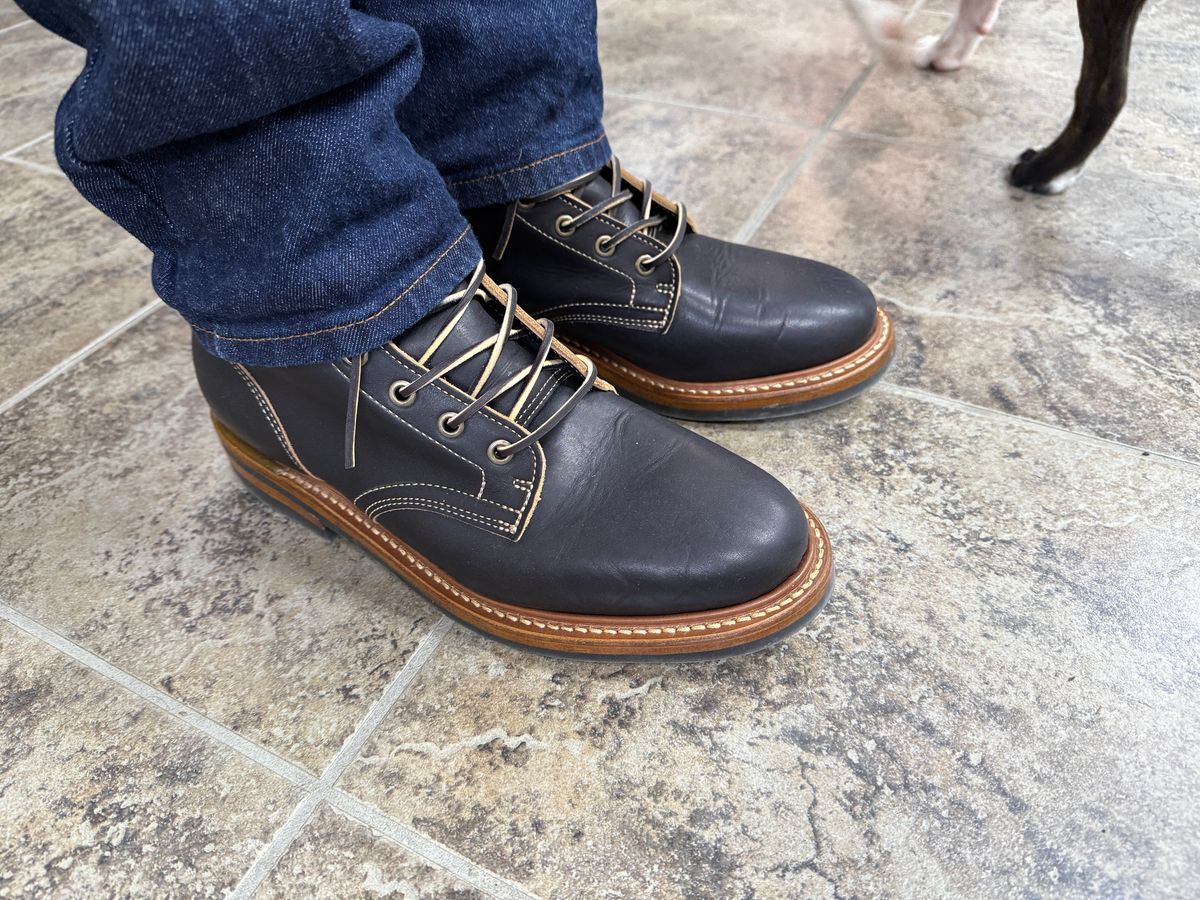 Photo by sweatpantszach on July 14, 2025 of the Truman Plain Toe Boot in Black Teacore.