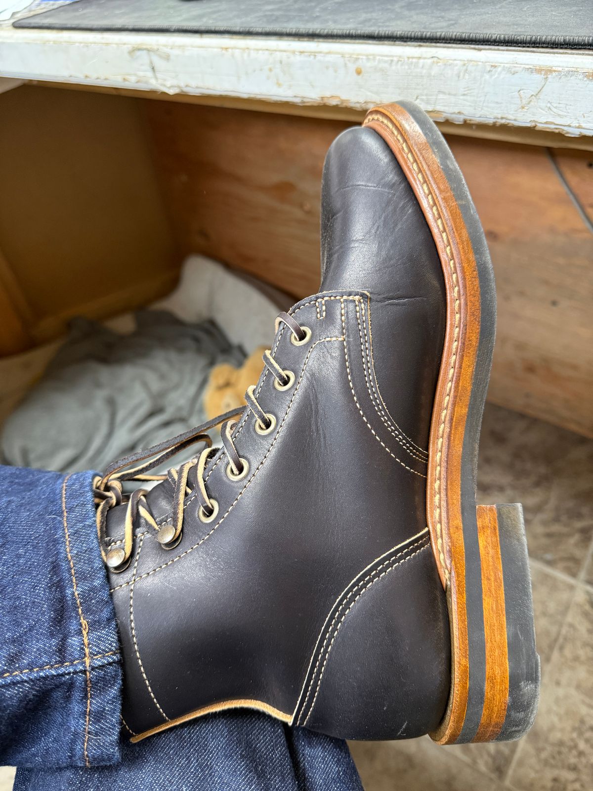 Photo by sweatpantszach on July 14, 2025 of the Truman Plain Toe Boot in Black Teacore.