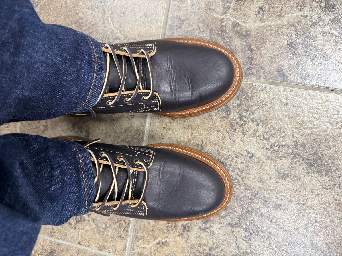 Photo by sweatpantszach on July 14, 2025 of the Truman Plain Toe Boot in Black Teacore.