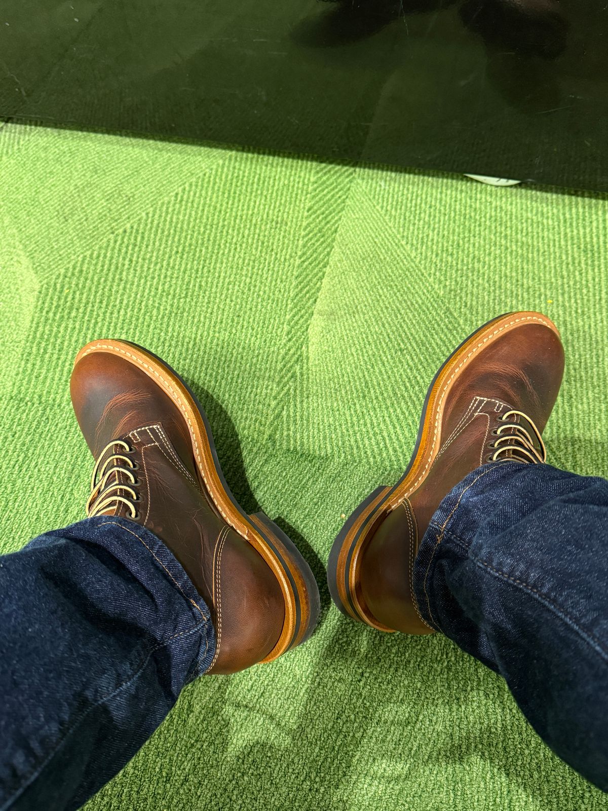 Photo by sweatpantszach on August 22, 2025 of the Truman Plain Toe Boot in Tobacco Snakebite.