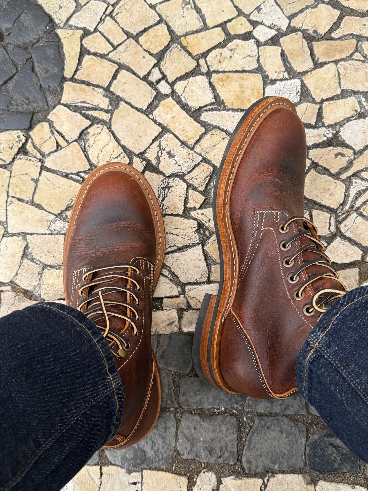 Photo by sweatpantszach on August 31, 2025 of the Truman Plain Toe Boot in Tobacco Snakebite.