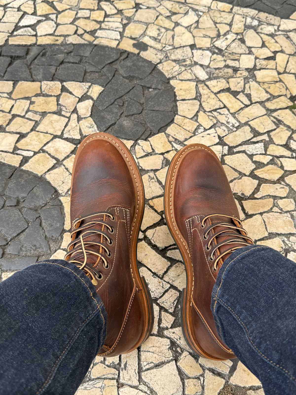 Photo by sweatpantszach on August 31, 2025 of the Truman Plain Toe Boot in Tobacco Snakebite.