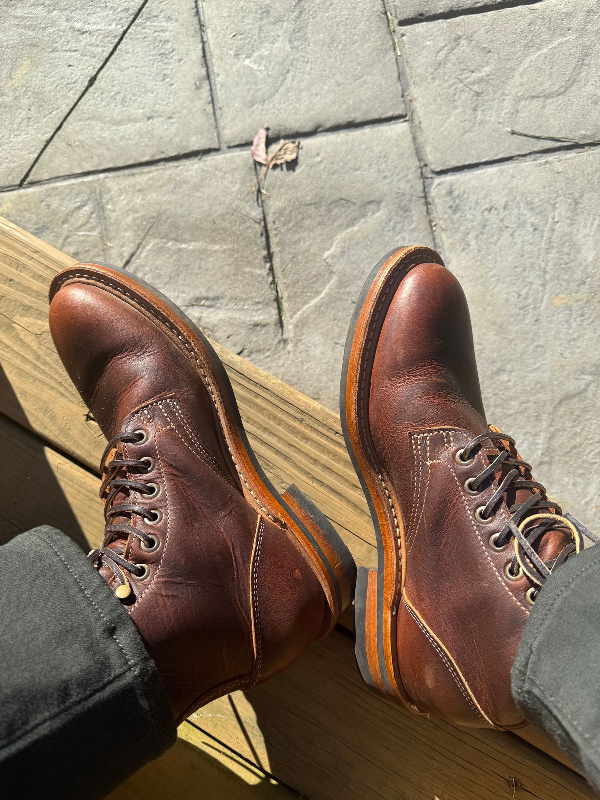 Photo by sweatpantszach on October 3, 2025 of the Truman Plain Toe Boot in Tobacco Snakebite.