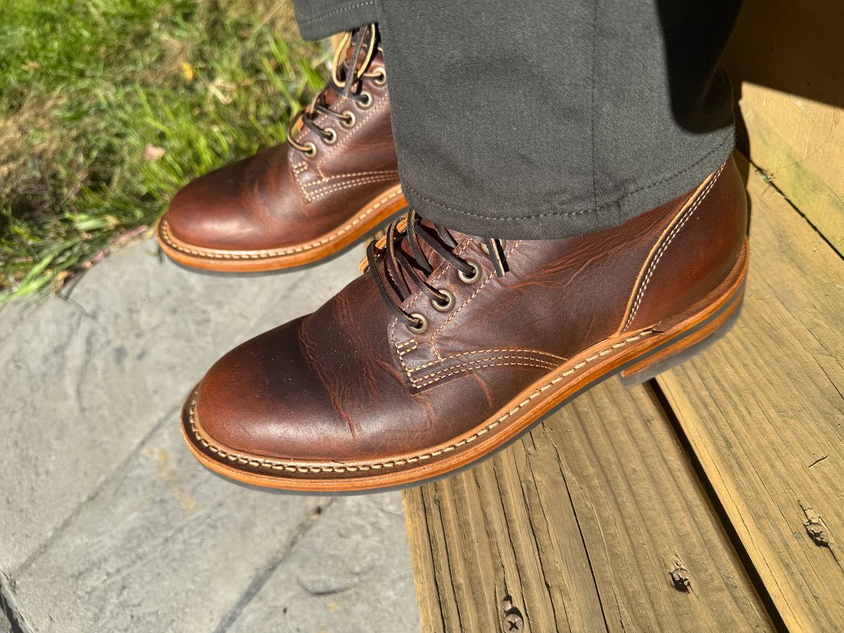 Photo by sweatpantszach on October 3, 2025 of the Truman Plain Toe Boot in Tobacco Snakebite.