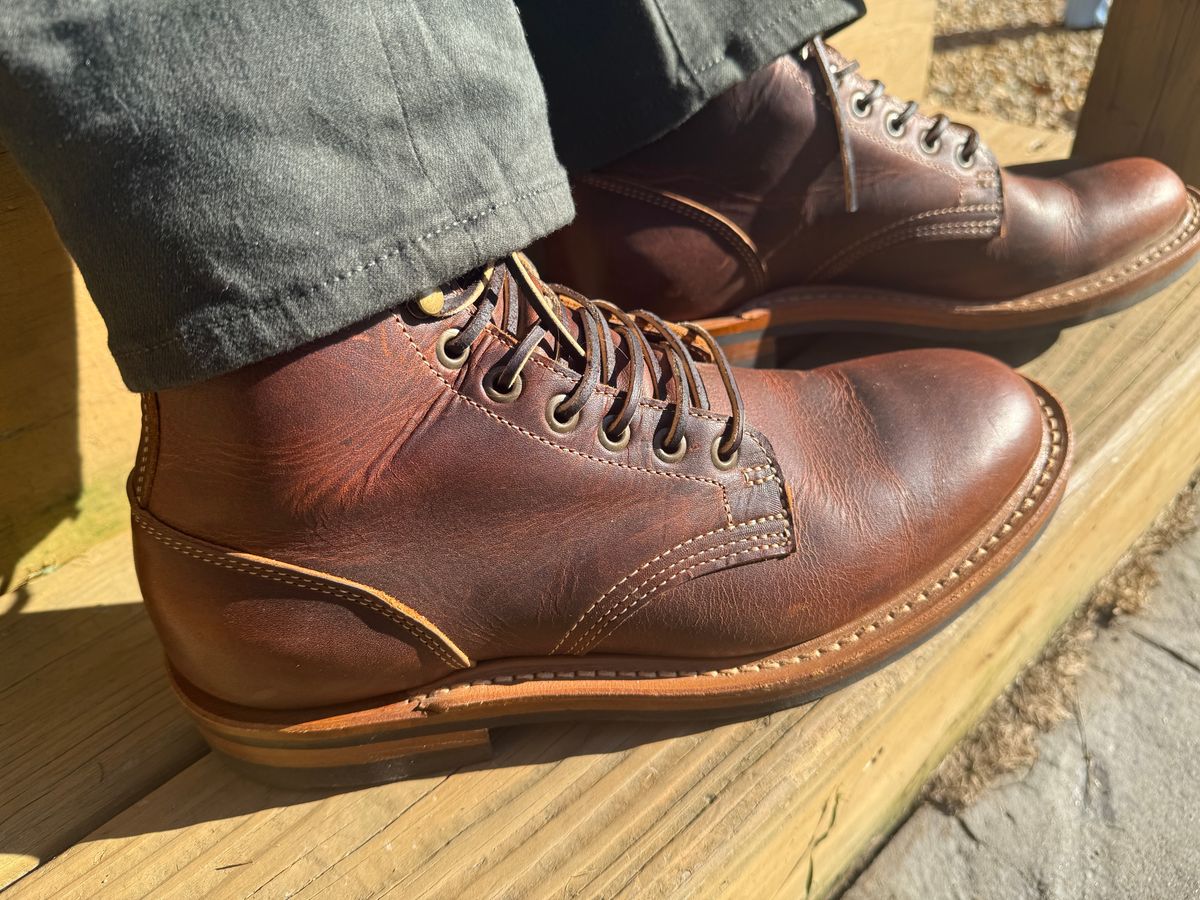 Photo by sweatpantszach on October 3, 2025 of the Truman Plain Toe Boot in Tobacco Snakebite.