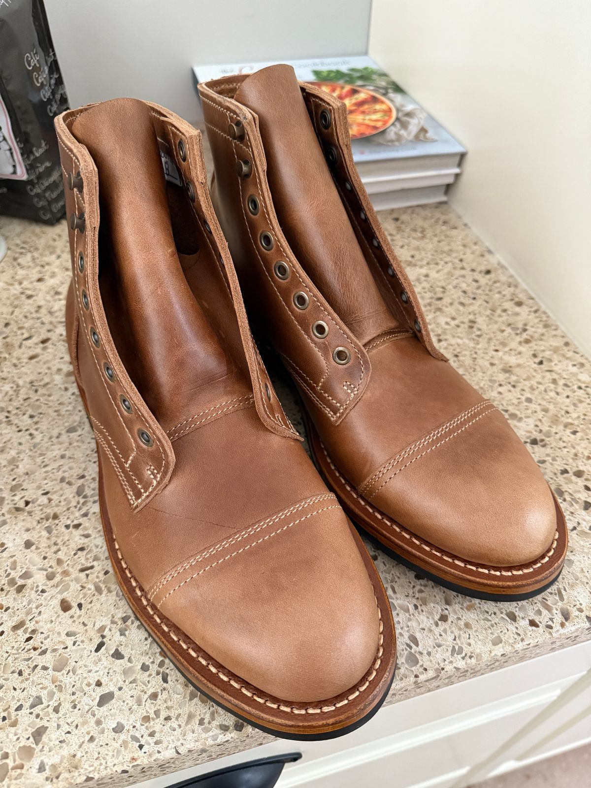 Photo by sweatpantszach on May 27, 2025 of the Truman Cap Toe Boot in Seidel Sesame Double Shot.