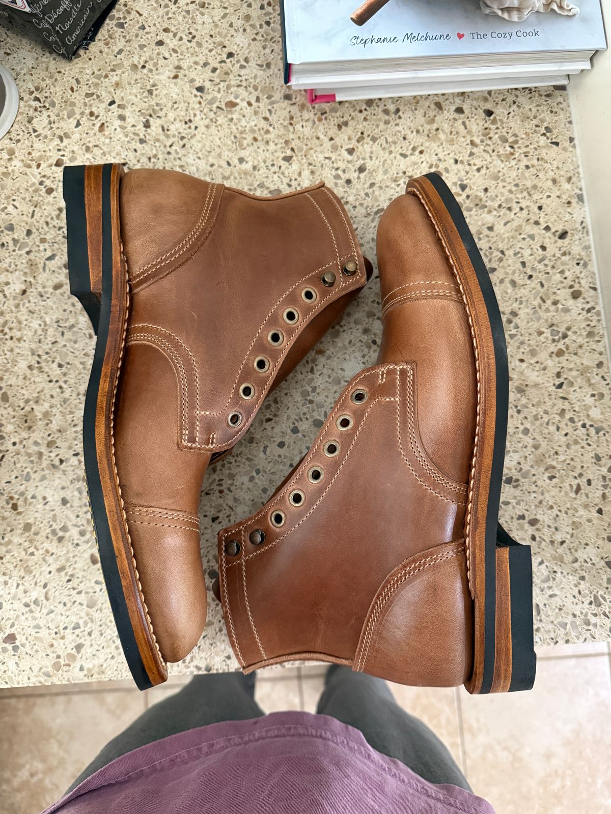 Photo by sweatpantszach on May 27, 2025 of the Truman Cap Toe Boot in Seidel Sesame Double Shot.