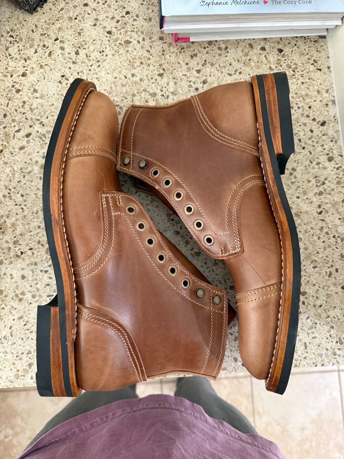 Photo by sweatpantszach on May 27, 2025 of the Truman Cap Toe Boot in Seidel Sesame Double Shot.