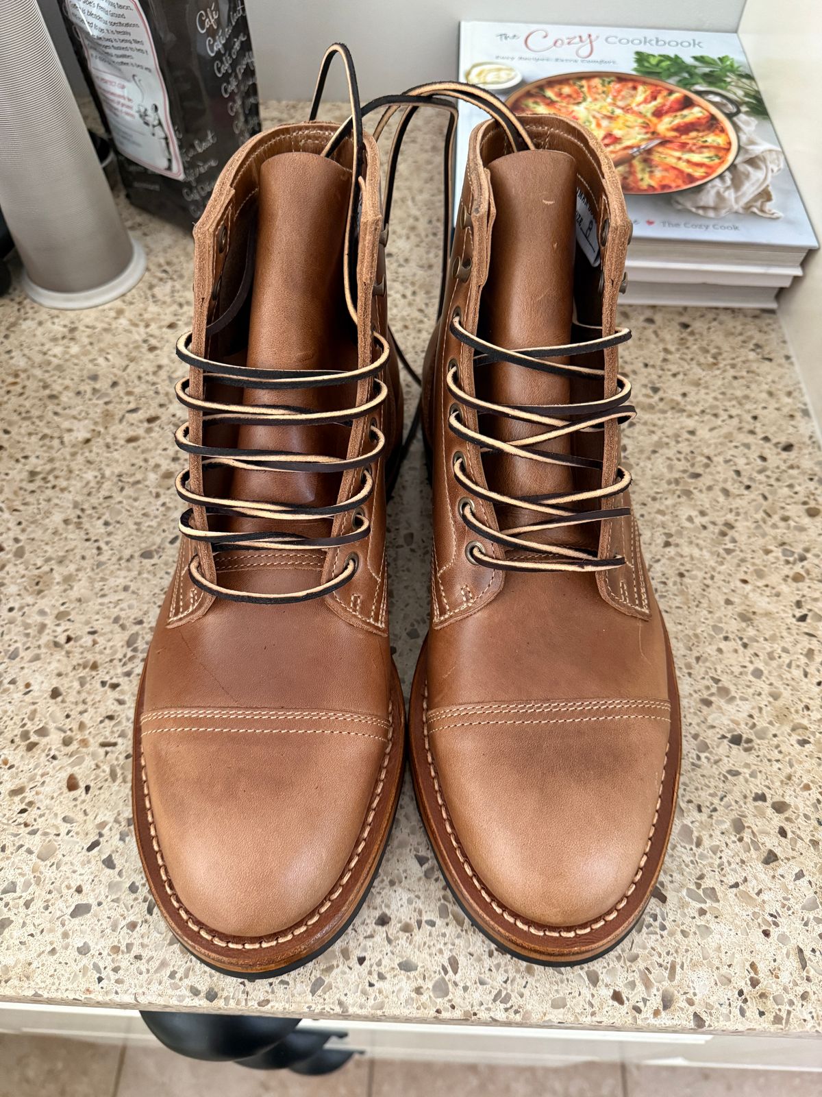 Photo by sweatpantszach on May 27, 2025 of the Truman Cap Toe Boot in Seidel Sesame Double Shot.