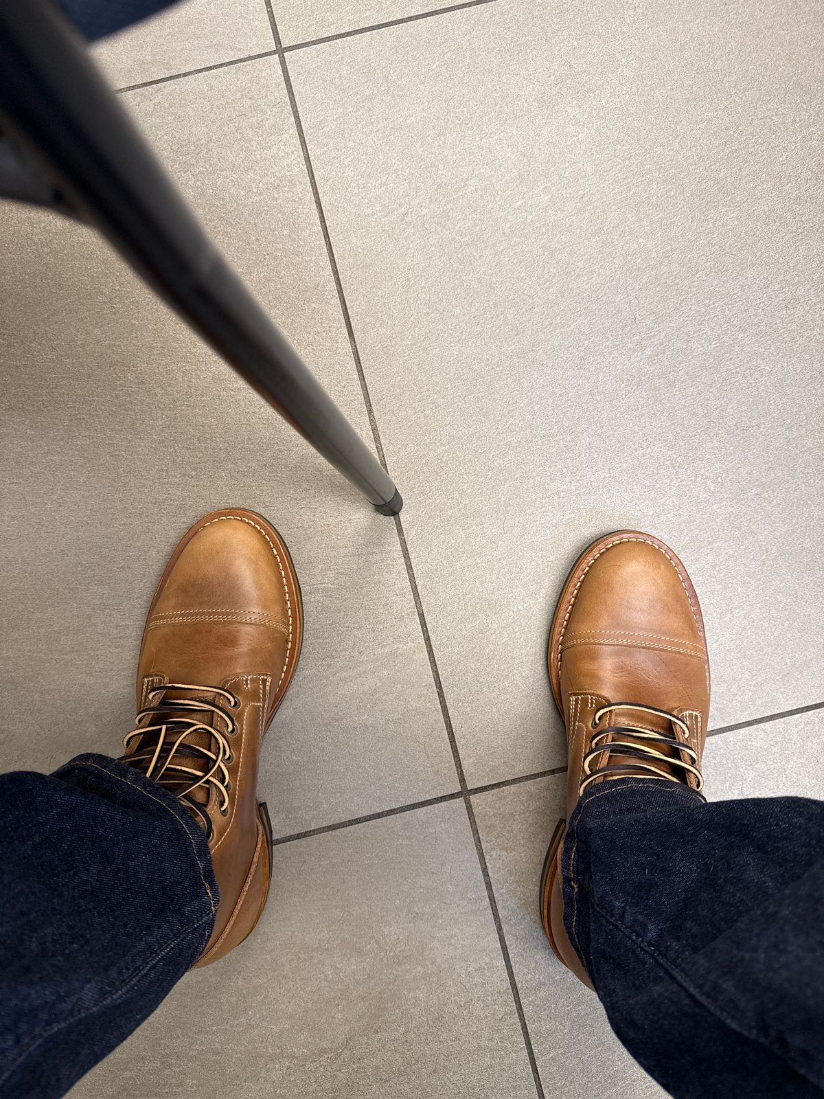 Photo by sweatpantszach on June 12, 2025 of the Truman Cap Toe Boot in Seidel Sesame Double Shot.
