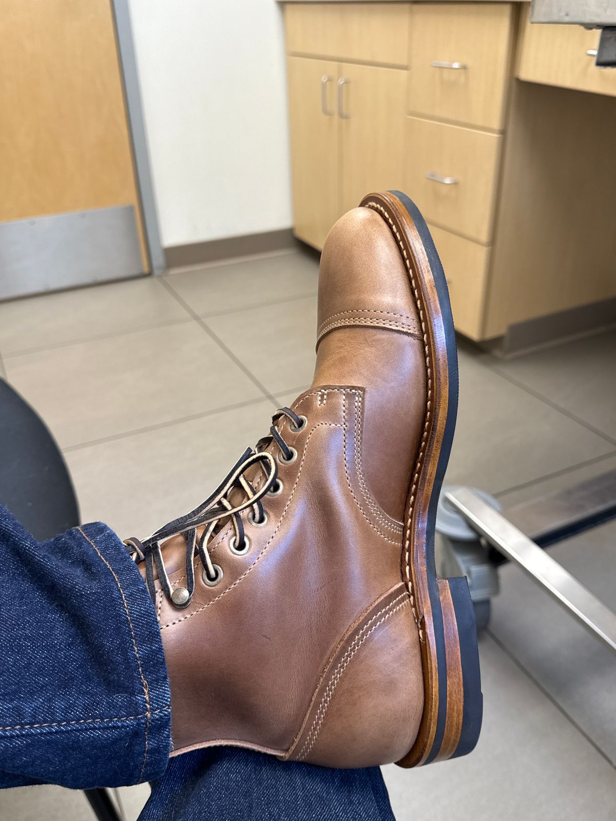 Photo by sweatpantszach on June 12, 2025 of the Truman Cap Toe Boot in Seidel Sesame Double Shot.