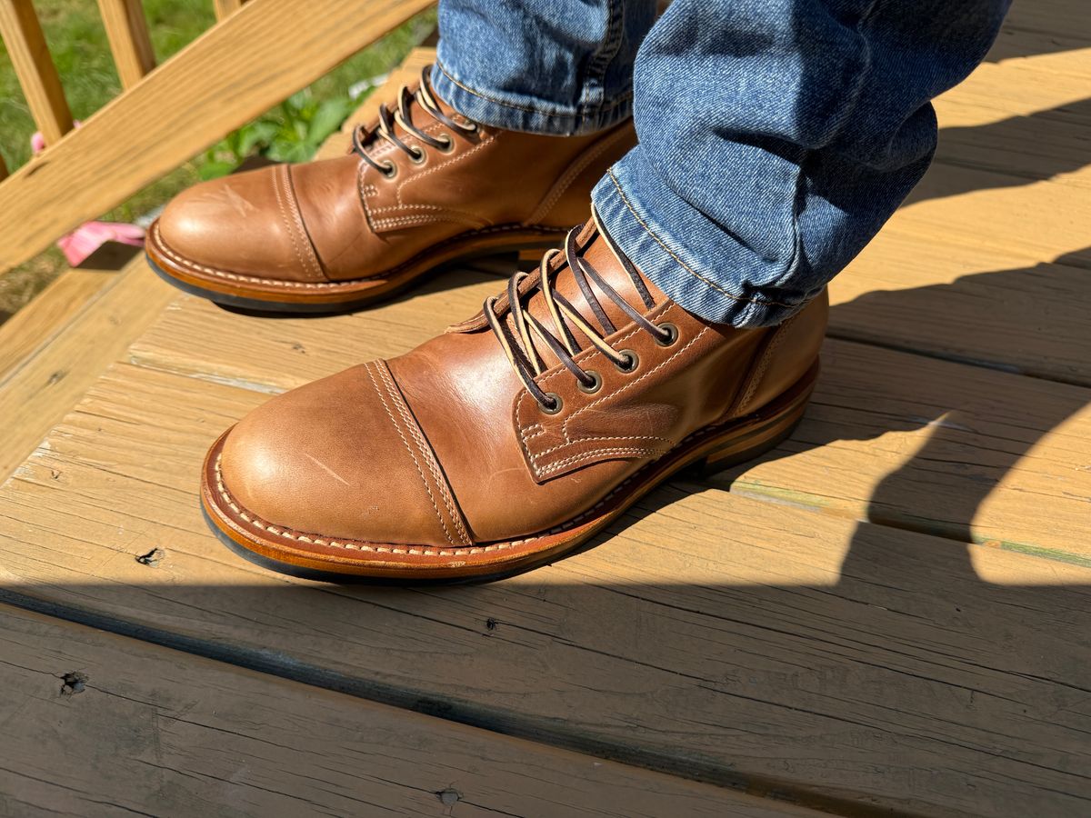 Photo by sweatpantszach on July 21, 2025 of the Truman Cap Toe Boot in Seidel Sesame Double Shot.