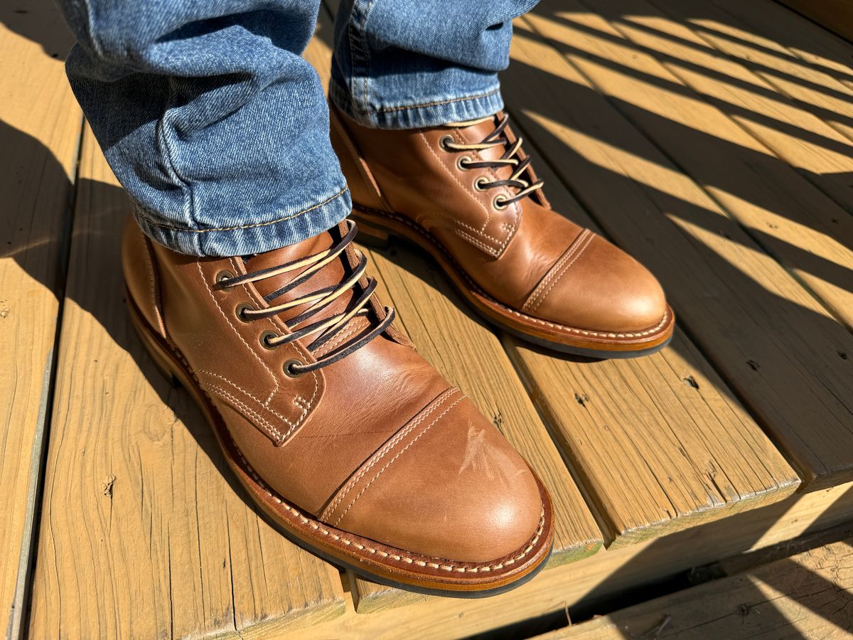 Photo by sweatpantszach on July 21, 2025 of the Truman Cap Toe Boot in Seidel Sesame Double Shot.