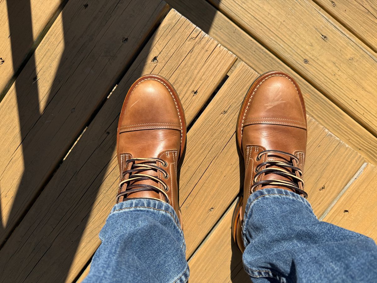 Photo by sweatpantszach on July 21, 2025 of the Truman Cap Toe Boot in Seidel Sesame Double Shot.