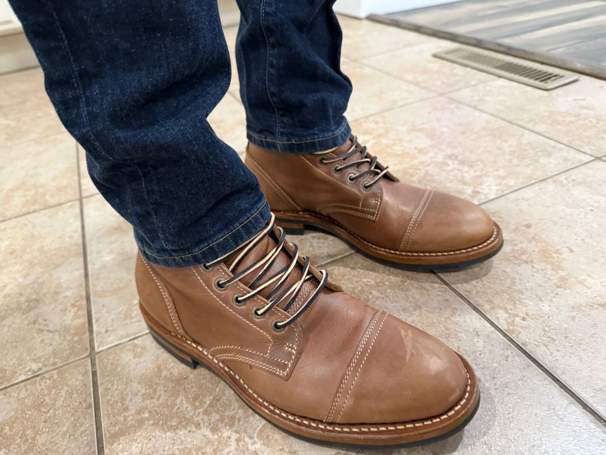 Photo by sweatpantszach on January 24, 2026 of the Truman Cap Toe Boot in Seidel Sesame Double Shot.
