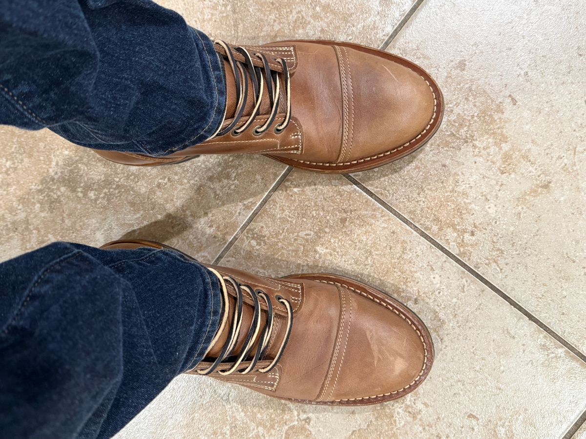 Photo by sweatpantszach on January 24, 2026 of the Truman Cap Toe Boot in Seidel Sesame Double Shot.
