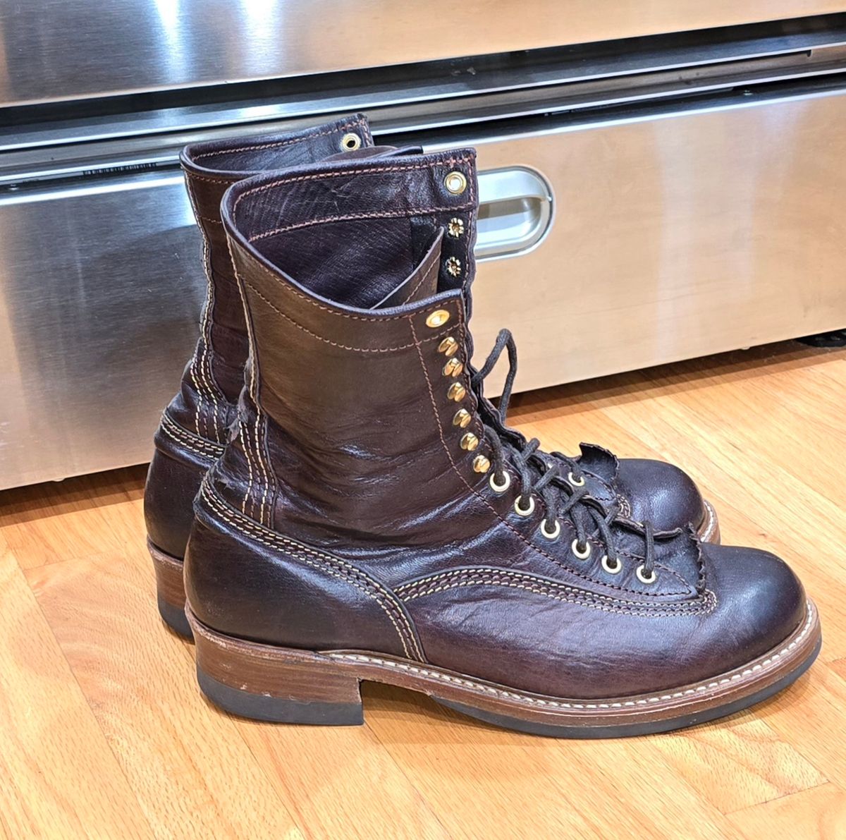 Photo by cpl.g.clegg on November 1, 2025 of the John Lofgren Donkey Puncher Boots in Ezo Shika Deerskin.