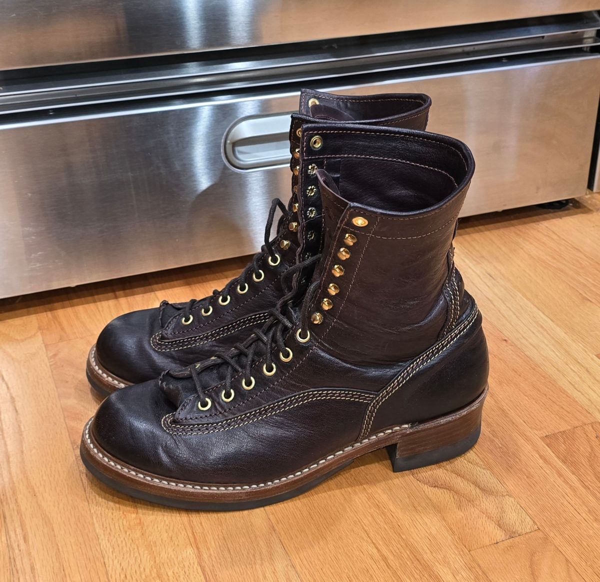 Photo by cpl.g.clegg on November 1, 2025 of the John Lofgren Donkey Puncher Boots in Ezo Shika Deerskin.