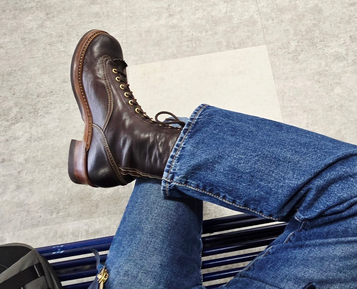 Photo by cpl.g.clegg on November 23, 2025 of the John Lofgren Donkey Puncher Boots in Ezo Shika Deerskin.