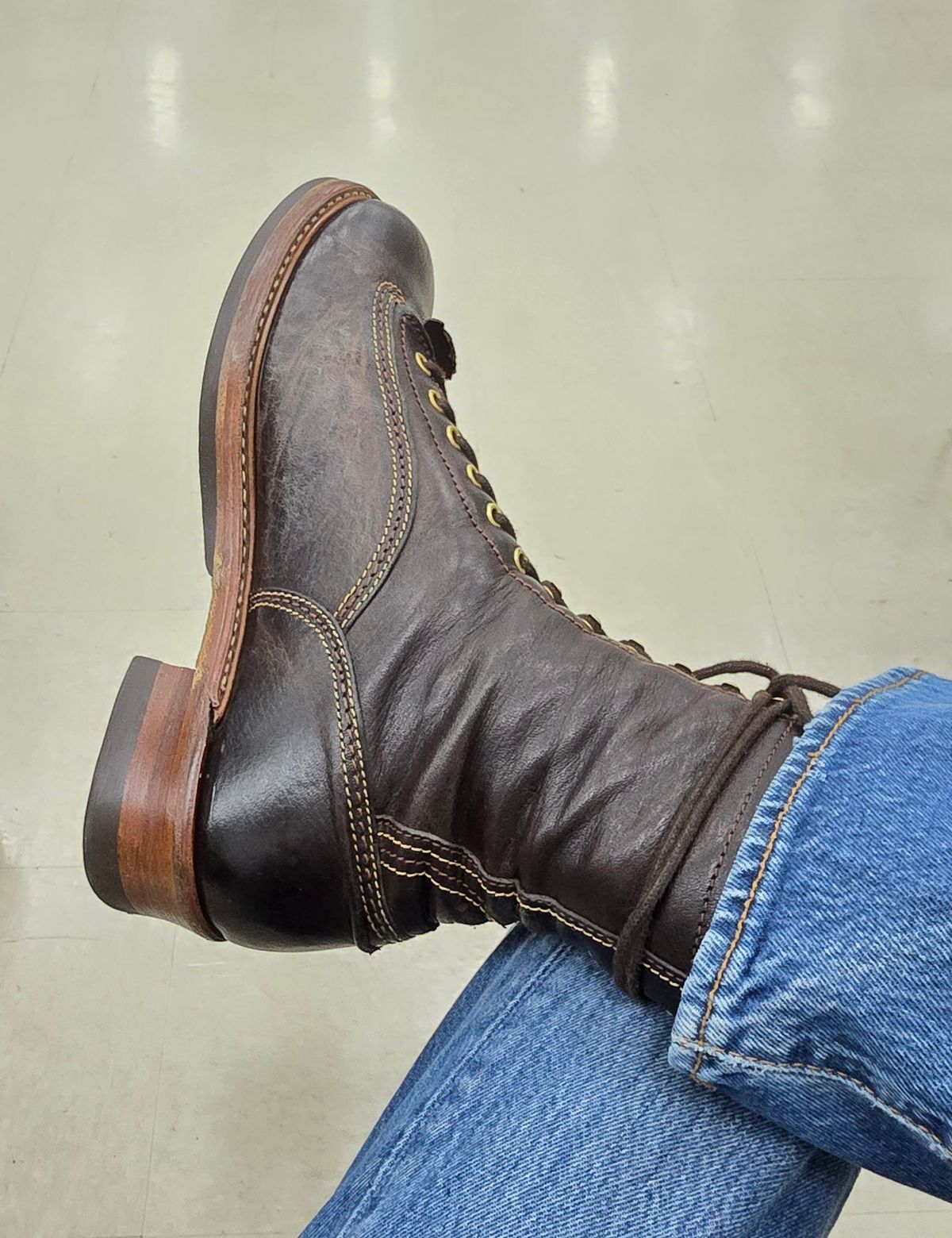 Photo by cpl.g.clegg on December 14, 2025 of the John Lofgren Donkey Puncher Boots in Ezo Shika Deerskin.