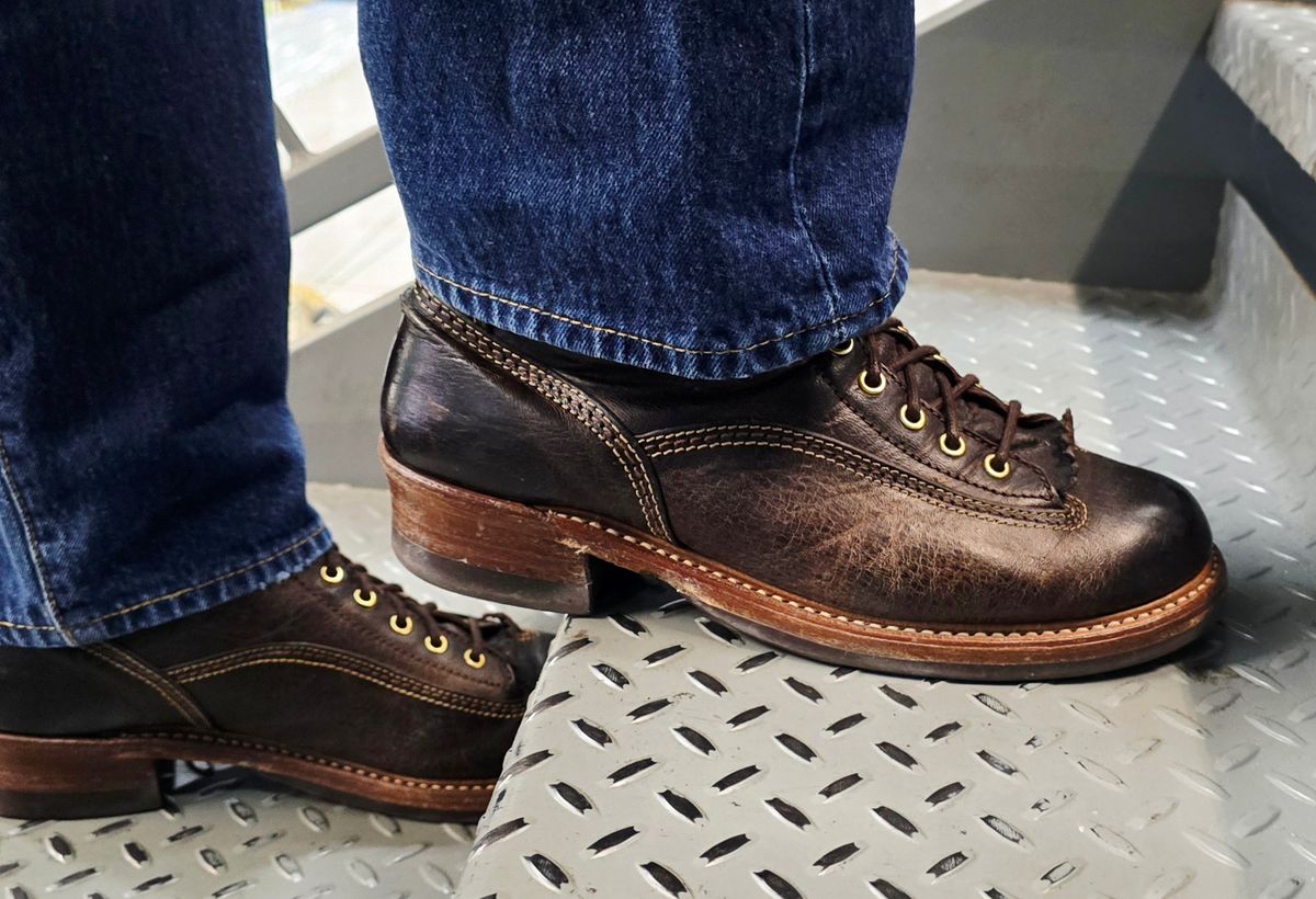 Photo by cpl.g.clegg on December 22, 2025 of the John Lofgren Donkey Puncher Boots in Ezo Shika Deerskin.