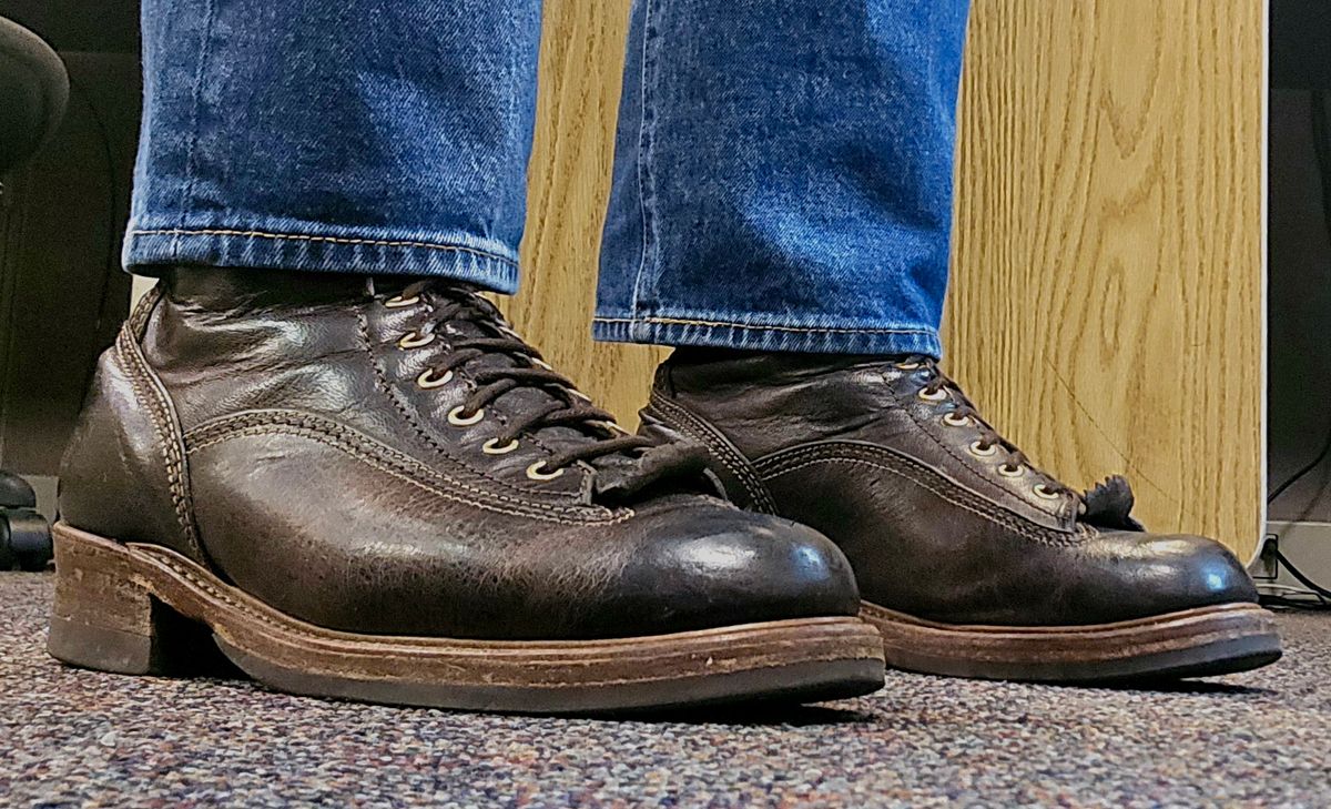 Photo by cpl.g.clegg on January 29, 2026 of the John Lofgren Donkey Puncher Boots in Ezo Shika Deerskin.