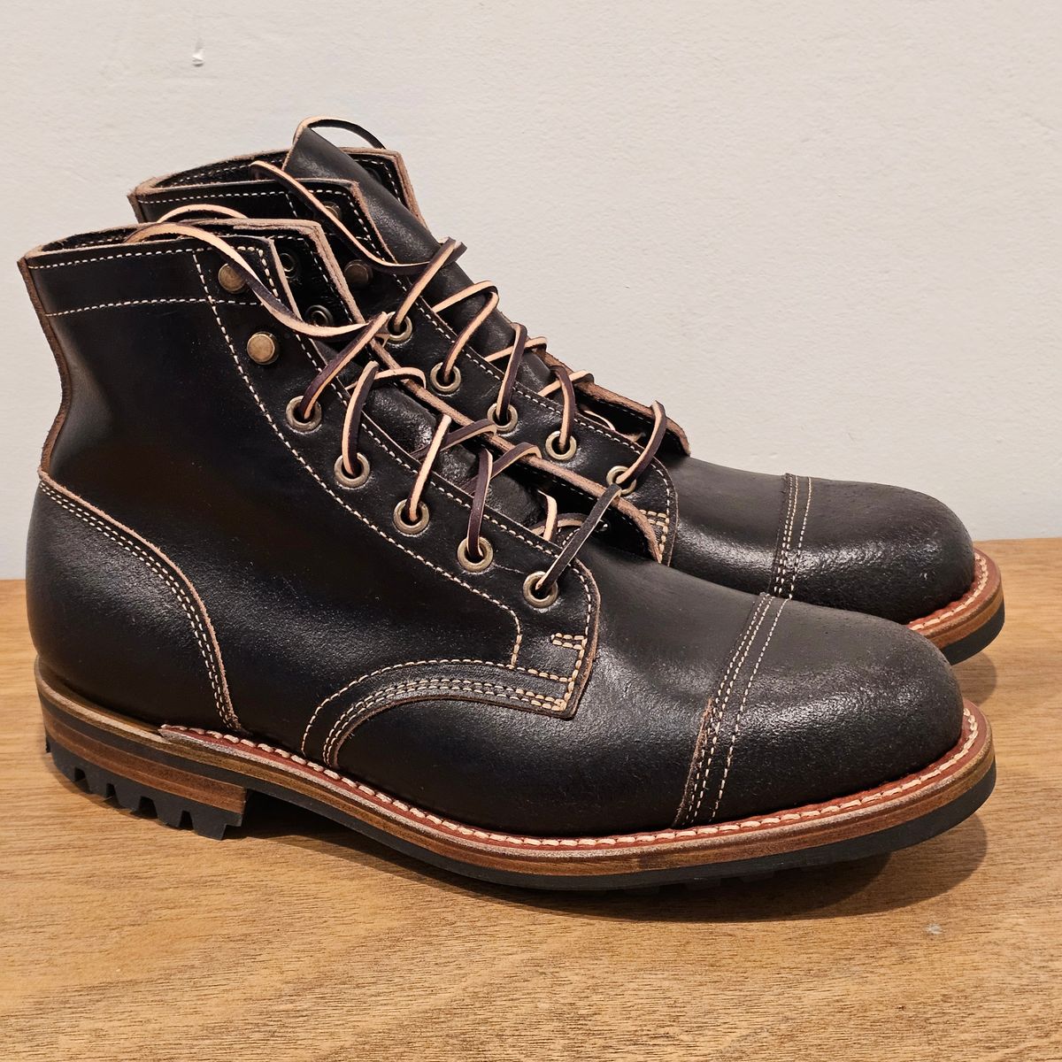 Photo by Cayman on October 6, 2025 of the Truman Cap Toe Boot in Horween Black Waxed Flesh.