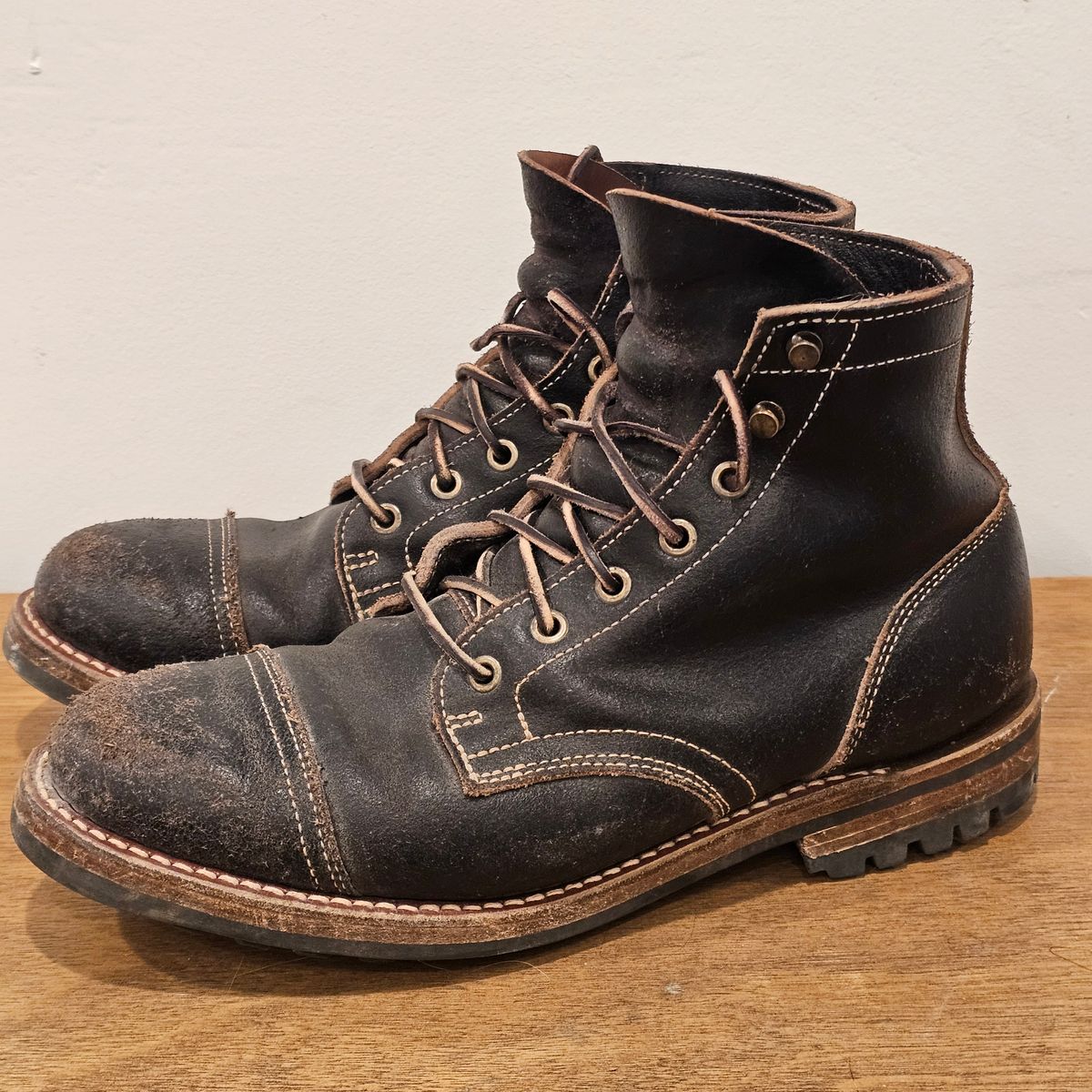 Photo by Cayman on December 5, 2025 of the Truman Cap Toe Boot in Horween Black Waxed Flesh.