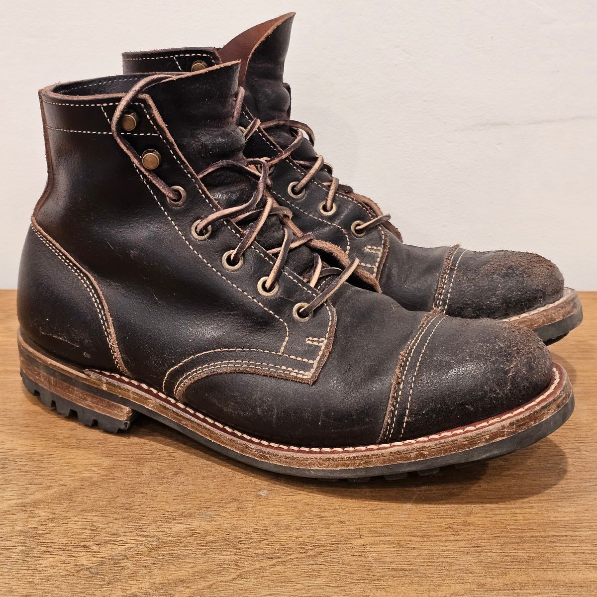 Photo by Cayman on December 5, 2025 of the Truman Cap Toe Boot in Horween Black Waxed Flesh.
