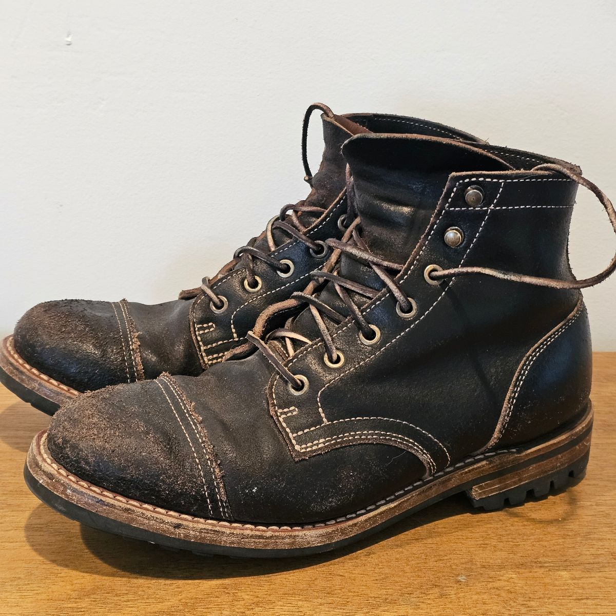 Photo by Cayman on February 5, 2026 of the Truman Cap Toe Boot in Horween Black Waxed Flesh.