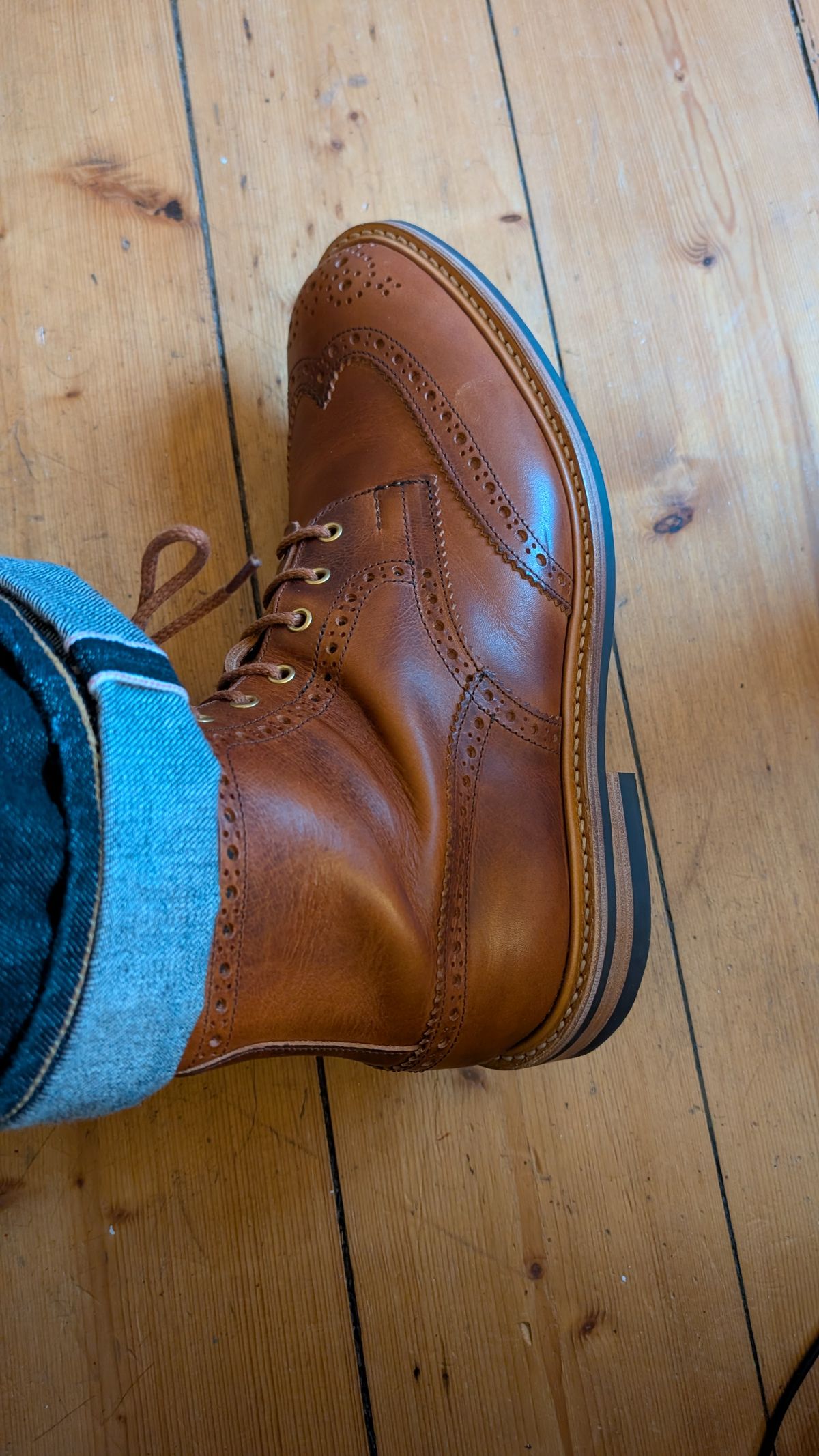 Photo by NickBardi on March 5, 2026 of the Tricker's Stow Country Boot in Badalassi Carlo Waxy Tan Cognac.