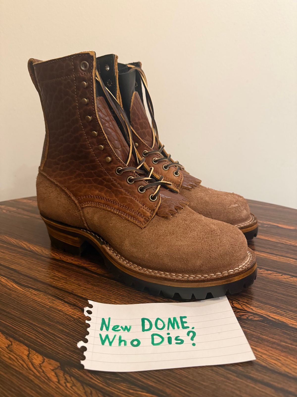 Photo by BragiGG on October 1, 2025 of the Drew's Boots 8-Inch Logger in Bison Congnac / Brown roughout.