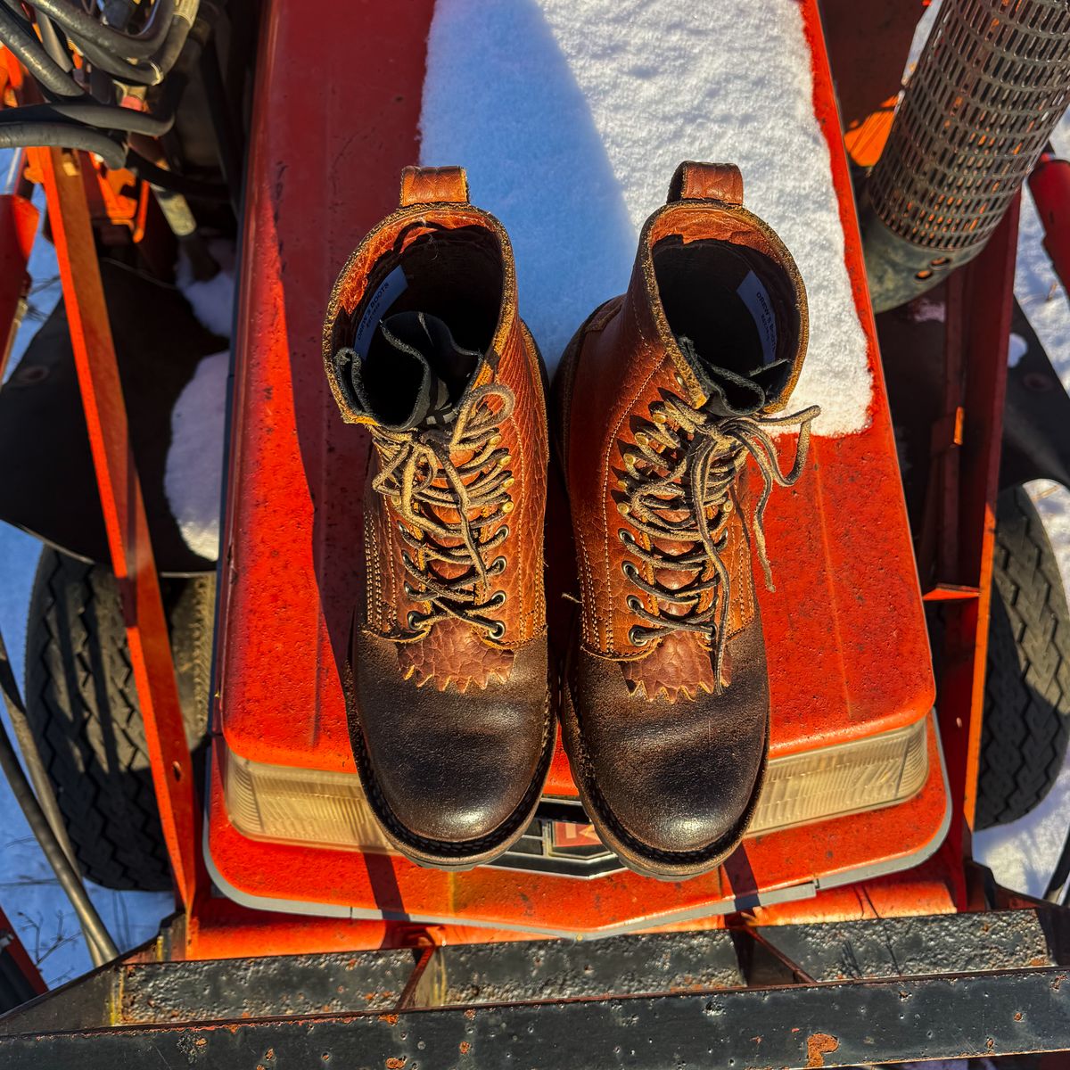 Photo by BragiGG on March 1, 2026 of the Drew's Boots 8-Inch Logger in Bison Congnac / Brown roughout.