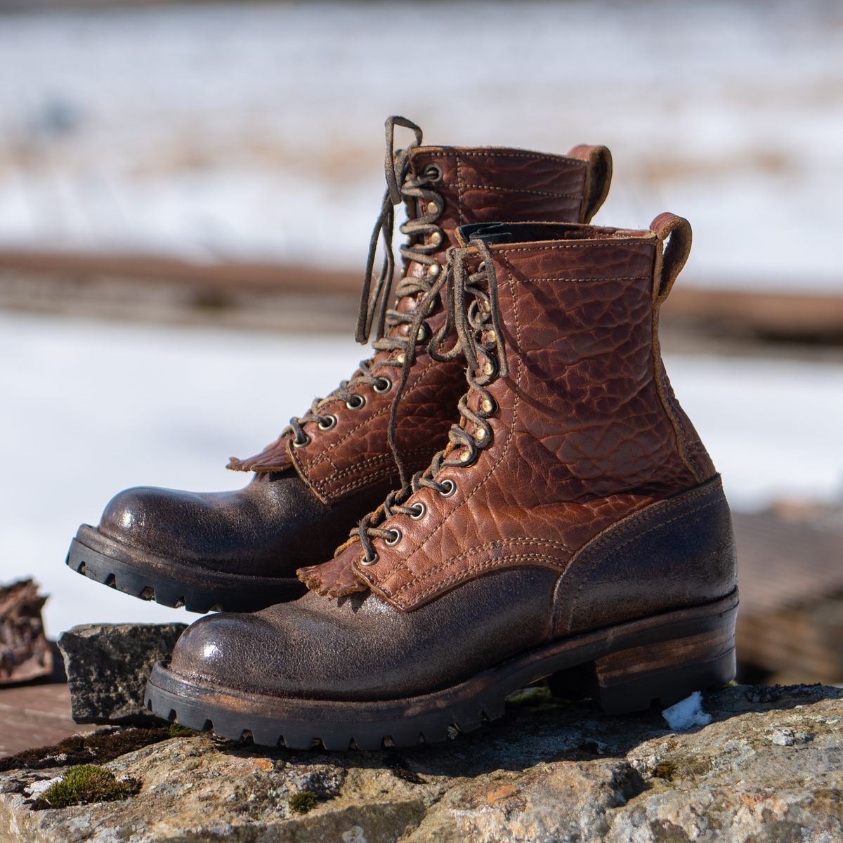 Photo by BragiGG on April 4, 2026 of the Drew's Boots 8-Inch Logger in Bison Congnac / Brown roughout.