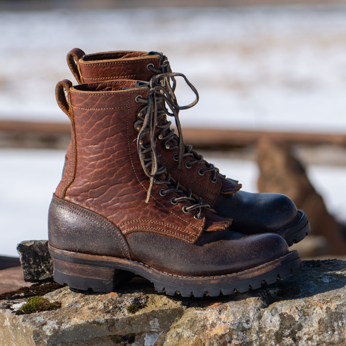 Photo by BragiGG on April 4, 2026 of the Drew's Boots 8-Inch Logger in Bison Congnac / Brown roughout.