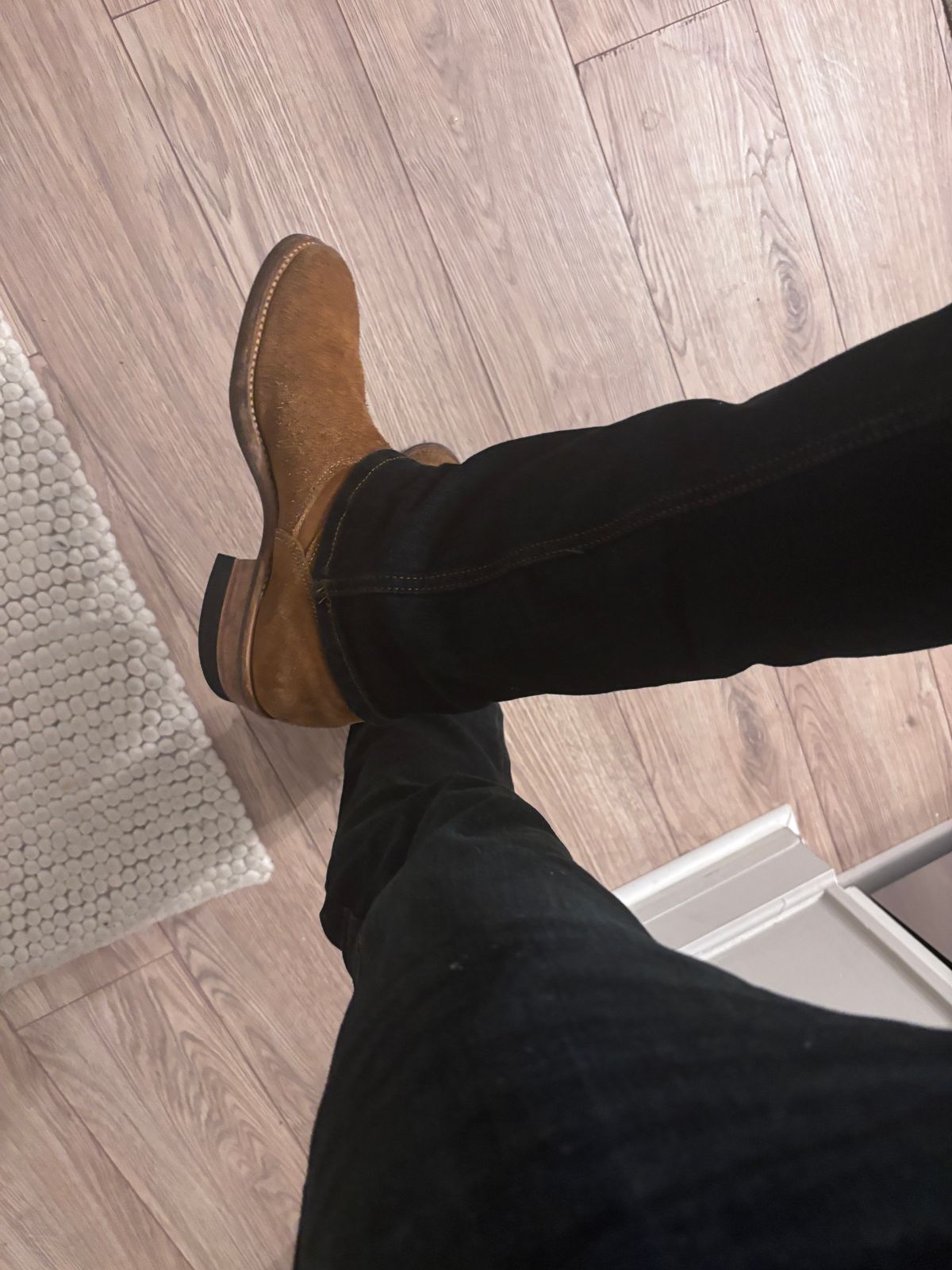 Photo by rolling_grub_trio on July 21, 2025 of the Rolling Dub Trio Griffin Engineer in Nakamura Sennosuke Shoten Dark Beige Suede.