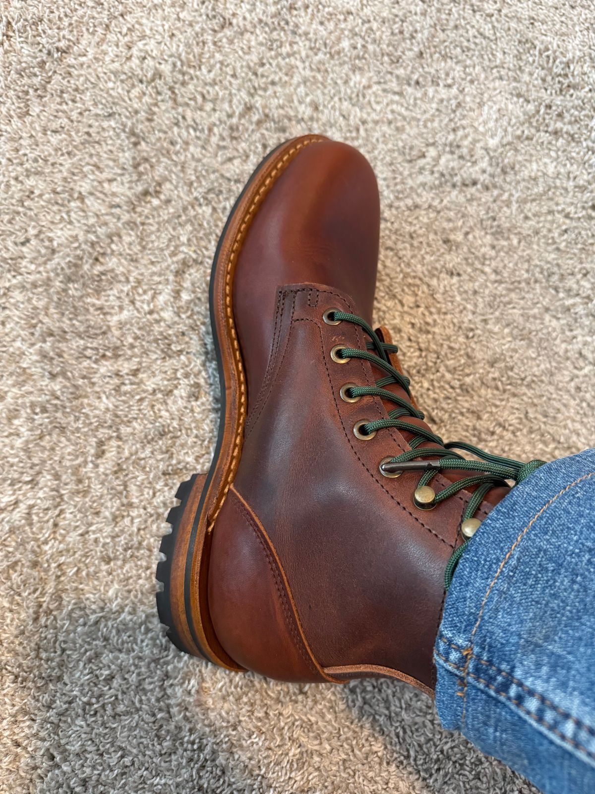 Photo by sjs426 on October 26, 2025 of the Truman Plain Toe Boot in Horween Autumn Cypress.