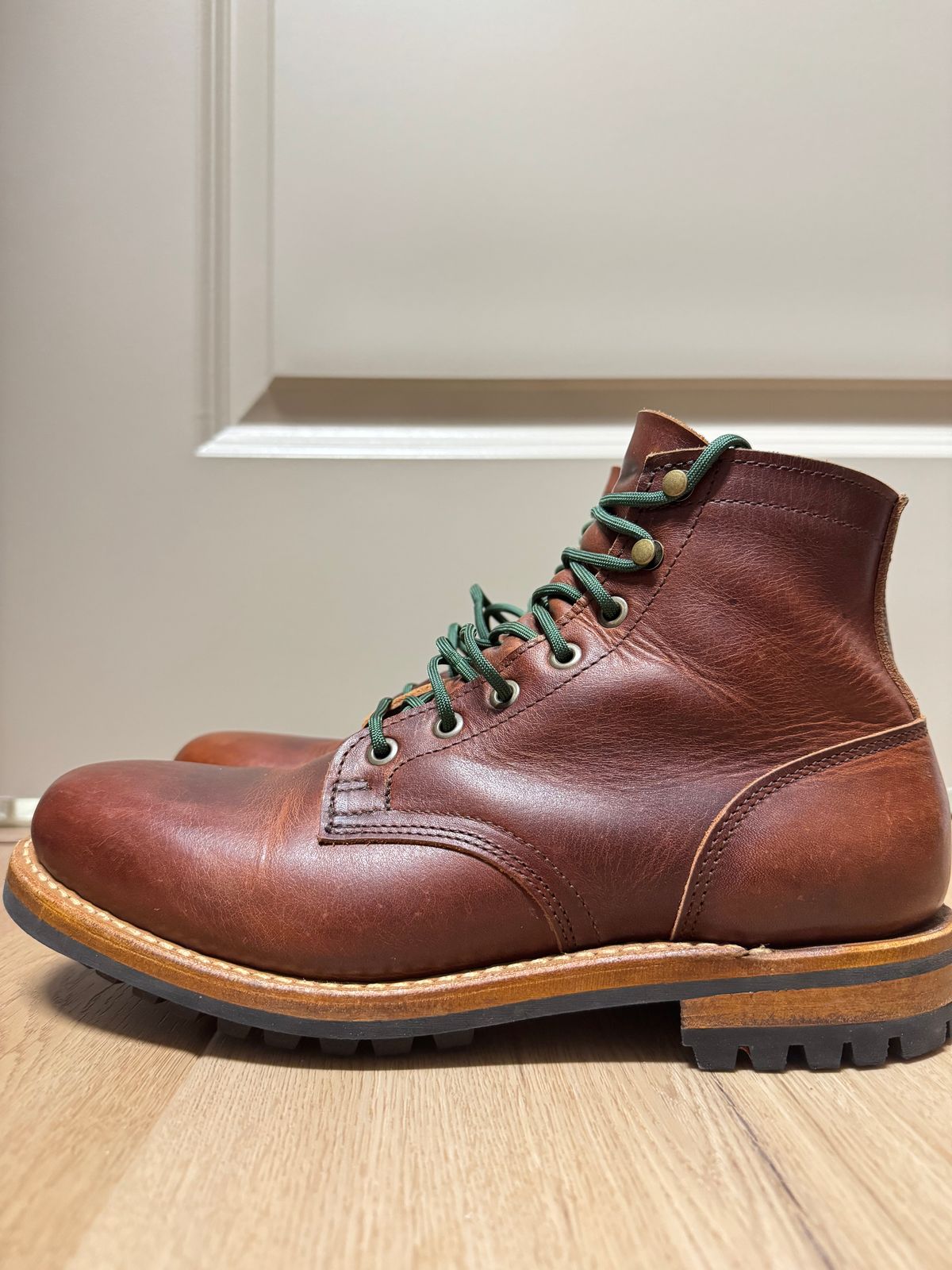 Photo by sjs426 on December 1, 2025 of the Truman Plain Toe Boot in Horween Autumn Cypress.